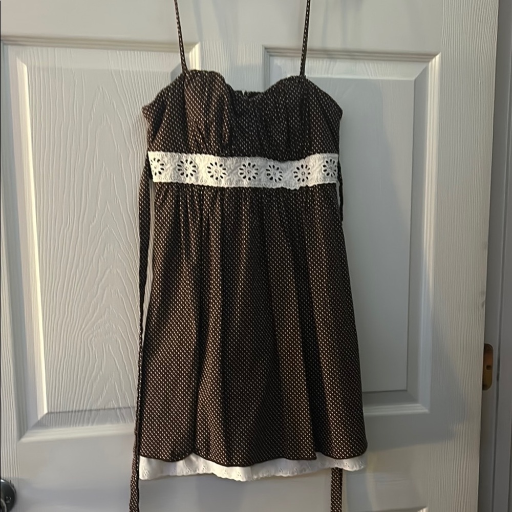 Vintage Brown Polka Dot Dress with White Lace